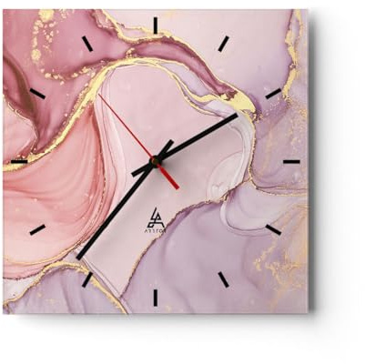 ARTTOR Moderne Wanduhr 40x40cm Quadrat Glasuhr Abstrakt Pastell - 4528 | Marmor Abstraktion Rosa Glas Analog Wanduhr Lautlos Wanddekoration Wohnzimmer Küche Wanddeko Küchenuhr Geräuschlos ARTTOR