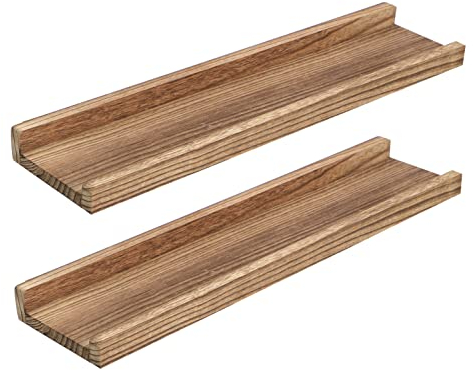 PHOENANCEE 60cm Solid Wooden Picture Ledge Shelf, Photos Display Shelf, Long Decorative Floating Shelves With Lip For Living Room,Kitchen,Bedroom, Set of 2, Carbonized Black
