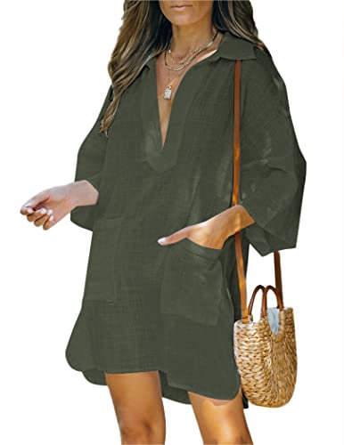 AI'MAGE Women Deep V Neck Cover Up Casual Linen Shirts Beachwear Half Sleeve Bikini Pool Dress, Army Green, S