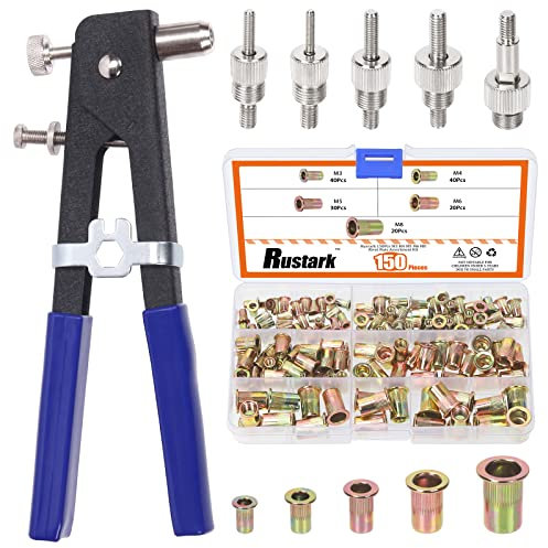 Rustark 151 Stück Nietmutternzange Set M3 M4 M5 M6 M8 Nietmuttern Gewindeeinsatz 27cm Nietpistolen Werkzeug Nietmuttern Zange mit 5 Größen Metrisch Dornen Einnietmuttern Zange Werkzeug Nietzange Set