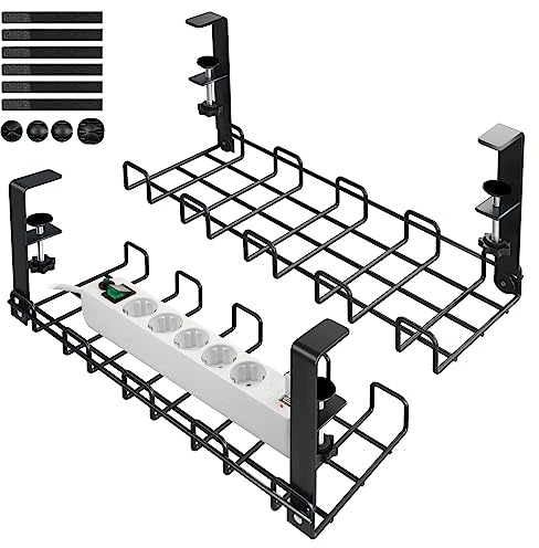 Lannvan Bandeja Organizador Cables Escritorio - Juego de 2 Organizador de Cables sin Taladros - Cable Management - Recoge Cables Mesa Escritorio - Soporte de Cables con Abrazadera - Negro