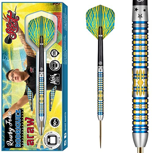 Shot Steel DartsRowby-John Rodriguez Match Dart 90% Tungsten Steeltip Darts | Soft Dart Hochwertiges Tungsten Dart Set mit Schäften und Flights Made in New Zealand (26 Gramm)