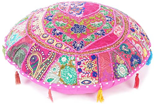 Mam Treasures Patchwork-Kissenbezug, rund, bunt, dekorativer Bodenkissenbezug, Meditationskissen, Sitzüberwurf, Bohemian-Akzent, Boho-Bezug, indischer handgefertigter Bezug (56 cm Durchmesser, Rosa)