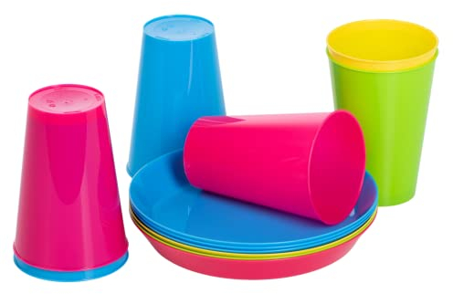 Mypicompany. Vaisselle Camping 12 Pièces Dans Couleurs Vives. 6 Assiette Plastique Reutilisable+ 6 Gobelet Plastique Reutilisable Adaptée Au Lave-vaisselle.