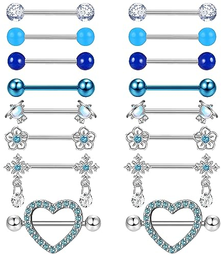 Kakonia 8Paar Nippelpiercing für Damen Chirurgenstahl Brustwarzenpiercing Zungenpiercing Zirkonia Glänzender Nipple Piercing