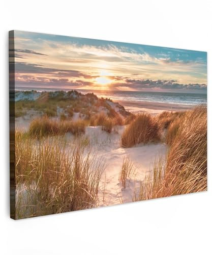 MuchoWow© Impression sur Toile Decoration Murale Peinture 60x40 cm Tableaux Decoratifs Muraux Décoration Chambre Dune - Plantes - Coucher de soleil - Plage - Mer
