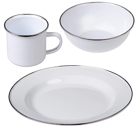 GRÄWE Vaisselle de camping en émail blanc – assiettes, bols, gobelets avec anse pour les expériences en plein air, idéal pour le camping et les pique-niques