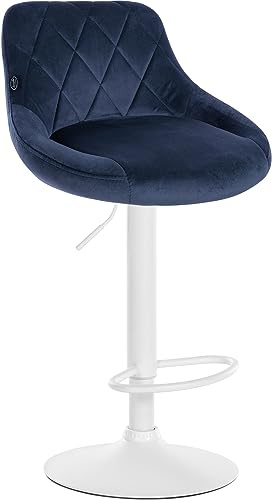 CLP Barhocker Lazio Mit Samtbezug I Drehbarer Thekenhocker Mit Fußstütze I Höhenverstellbarer Barstuhl Mit Trompetenfuß, Farbe:blau, Gestell Farbe:weiß