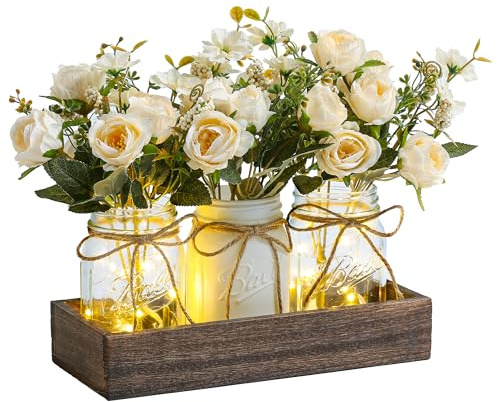 DUOER 3 Pcs Mason Jar Centerpiece Table Decorations for Dining Table Decor Farmhouse Coffee Table Decor with Wood Tray and Led Light Table Centerpieces for Dining room Kitchen Living Bathroom,White