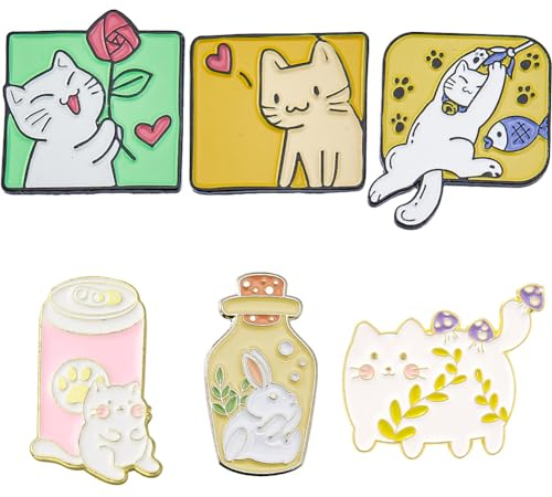 SUNNYCLUE 1 boîte 6 pièces Épingles en Émail Chat Ensemble D'Épingles en Émail Dessin Animé Lapin Broches en Émail Animaux Mignons Épingles en Émail Animal Rose Épinglettes Ensemble pour Femmes Hommes