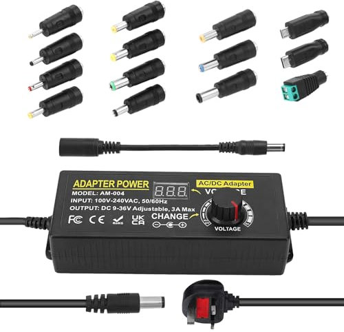 108W Universal Power Supply Adjustable DC 9V ~ 36V Variable Switching AC/DC Adapter 100V-240V AC to DC 36V 3A Converter with 14 Tips& Polarity Converter-3A Max