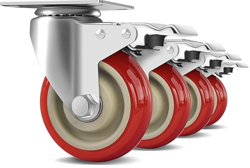 4 Inch Heavy Duty Swivel Caster Wheels with Brake, Set of 4, Industrial Locking Rolling Plate Casters Wheels for Furniture, Cart, Table and Workbench, Easily Load 2200lbs