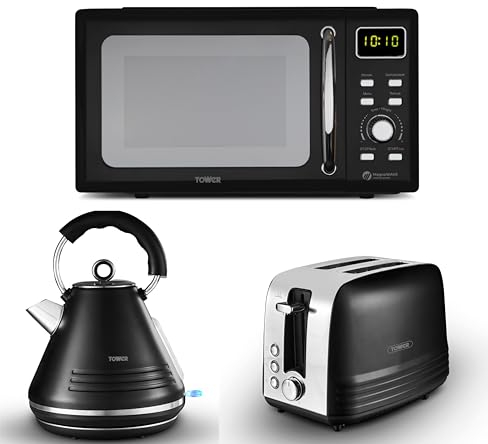 Tower Ash Black 1.7L 3KW Pyramid Kettle, 2 Slice Toaster & T24041BLK 800W 20L Digital Microwave. Contemporary Matching Kettle, 2 Slice Toaster & Microwave Set in Black with Chrome, TOWASHKT2T24041BLK