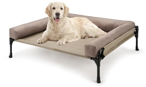 Veehoo Elevated Dog Bed with Removable Bolster, Raised Dog Bed off Ground Elevated Dog Bed Portable Raised Pet Cot with Raised Sides Washable Mesh No-Slip Feet for Indoor Outdoor, Beige 89x56x18cm