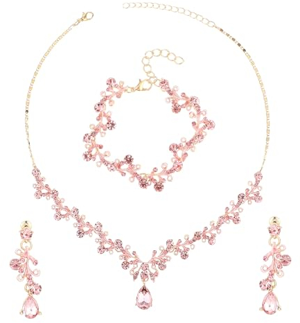 Yolev Strass Hochzeit Schmuckset Damen Brautschmuck Kristall Halskette Armband Ohrring Set Roségold Braut Hochzeitsschmuck Brautjungfer Abschlussball Kostümzubehör Modeschmuck Set