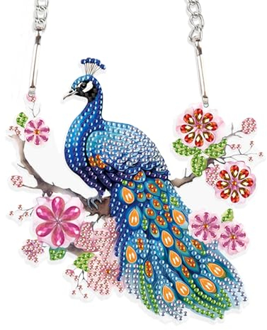 DCIDBEI 5D DIY Diamond Painting Kranz Mit Kette Pfau 15x15cm - Anhänger, Ornamente, Schilder, Diamant Malerei Pendant Plakette, Haustürschild, Wandschild für Anfänger
