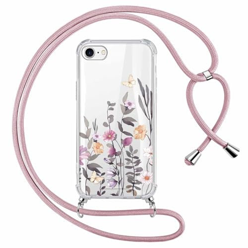 Foonary Coque pour Apple iPhone 8/7/SE 2020/SE 2022 avec Cordon de Collier, Aesthetic Étui Housse Réglable Lanyard Corde Tour de Cou Lanière, Silicone PC+TPU Case pour iPhone8 4,7, Fleur Papillon
