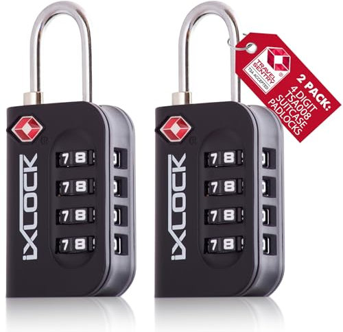 iXLOCK Lucchetto Combinazione Valigia TSA 4 Cifre per Valigie e Bagagli da Viaggio. Lucchetto con Combinazione per Armadietto Palestra. Serratura a Combinazione Nero 2 Pezzi