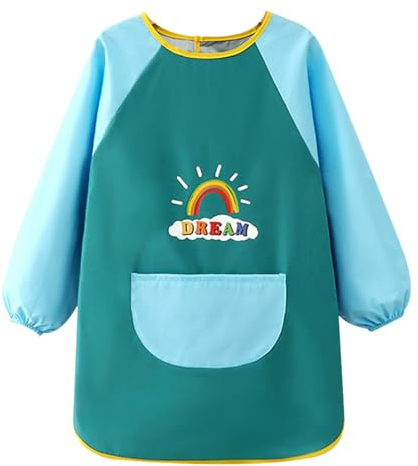 Greyoe 1 Stück Malschürze Kinder Malkittel Kinder Schürze Kinder Lätzchen mit ärmeln Wasserdicht und Schmutzabweisend zum Malen (Regenbogenbuchstaben Grün, XL)