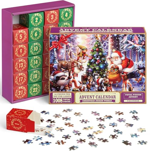 Advent Calendar Jigsaw Puzzle 2024, 24-Day Christmas Countdown Family Game, Christmas-Themed Puzzle for Adults and Kids, 1008 Pieces, 19.7 x 27.6 Inches