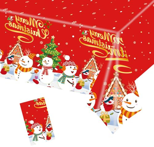 POPOYU Christmas Tablecloth,137x274cm Large Xmas Snowman Tree Red Table Cloth,Rectangle Waterproof Plastic Party Table Cover for Christmas Party Dinner,Winter Holiday,Christmas Table Decorations