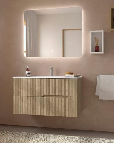 Mueble Baño Suspendido con Lavabo Cerámico | 2 cajones con Cierre Amortiguado y Organizador | 70cm Color Roble Natural
