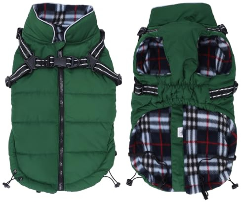 babepet Warm Pet Dog Coats with Harness,Waterproof Small Dog Jacket Coat,winter Dogs Clothes with Chest Strap,Zip Up Puppy Coat for Outdoor Walking-Green-XL