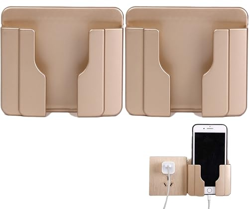 CERFFOOL Halterung Handy-Ladegerät Wand Montiert Handy Ständer Fernbedienungs Aufbewahrungskoffer Wandhalterung für Smartphones Ladekabel Selbstklebende Halter (Gold x 2 PCS)