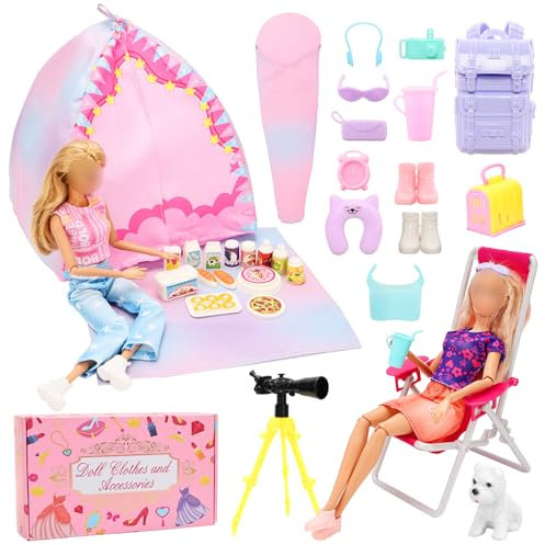 Miunana Camping Spielset mit Zelt Puppenkleidung Schlafsack Wanderrucksack Kleider Kleidung Zubehör Tiere Outdoor-Ausrüstung Fernglas für 11,5 Zoll Mädchen Puppen, Geschenk für Kinder