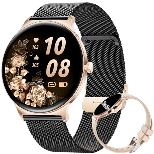 LIGE Montre Connectée Femme(2 Bracelets),1,43 HD AMOLED Montre Sport,Smartwatch Noir doré avec 120+ Modes Sportifs/Étanchéité IP68/Fréquence Cardiaque/Compteur,Montre Femme pour iOS et Android