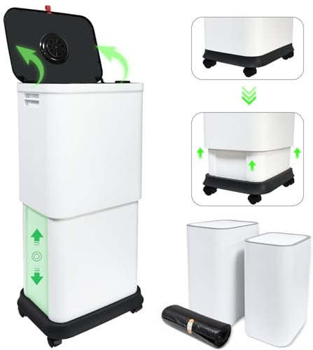 Gintan Cubo de basura de cocina con tapa ajustable, 25 – 45 L, extragrande, con ruedas, tapa hermética para residuos de cocina, con dos contenedores de basura de 9 litros con tapas (3 paquetes)