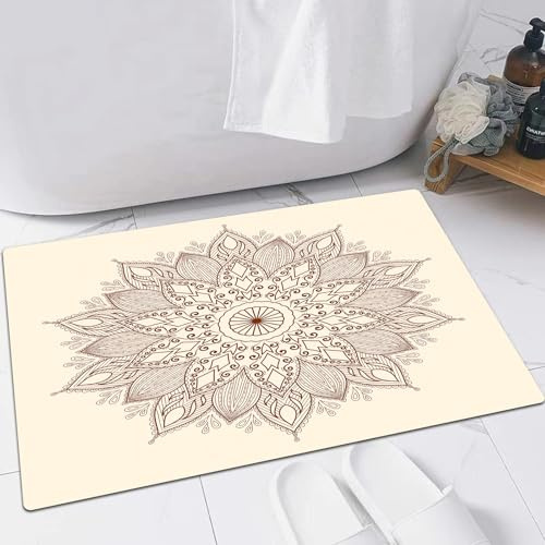 FSDGY Badvorleger Fußmatte Flauschig Teppich Badezimmerteppich Duschmatte für Bade & Wohnzimmer Schlafzimmer,Beige, ethnischer Mandala-Blumen-Spitzenkreis verziert mit Retro-Universum-Orien,40x60 cm