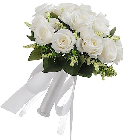 Amosfun Eleganter Hochzeitsstrauß Künstliche Rosen Blumenstrauß Für Die Braut Mit Hochzeitsbedarf Weiße Dekorationsblumen