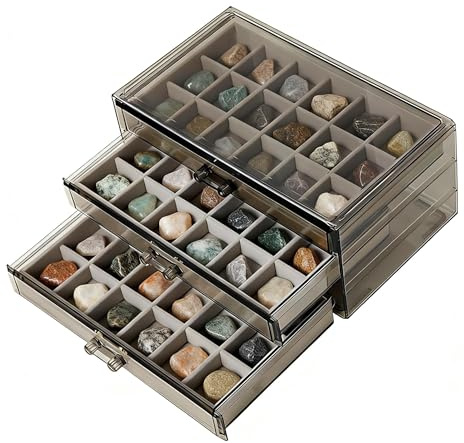 Ysislybin Aufbewahrungsbox, 54 Fächer Setzkasten für Steine, 3-lagige Edelstein-Vitrine, Transparente Acryl-Sammelbox für Abschluss-Souvenirs, Steine und Muscheln, Schmuckkoffer für Ringe, Ohrringe
