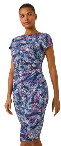 Roman Originals Ruched Waist Dress for Women UK Ladies Side Pleat Winter Autumn Textured Fitted Shift Pencil Smart Lined Stretchy Jersey Work Knee Length Round Neck - Abstract Navy - Size 18