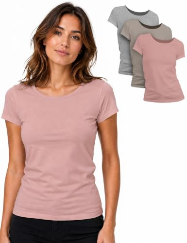 Basic Treasure Lot de 2 ou 3 T-Shirts Femme, Coton, Col Rond, Uni, S à XL | Doux, Respirant et Extensible, Sans Étiquette Gênante, Coupe Ajustée, Taille Plutôt Petit