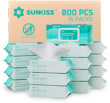 SUNKISS Trustplus Wet Wipes for Adult No Rinse, Extra Large 8”x12” Body Cleaning Washcloths for Elderly Incontinence & Cleansing, Unscented, 800 Count (16 Packs of 50)