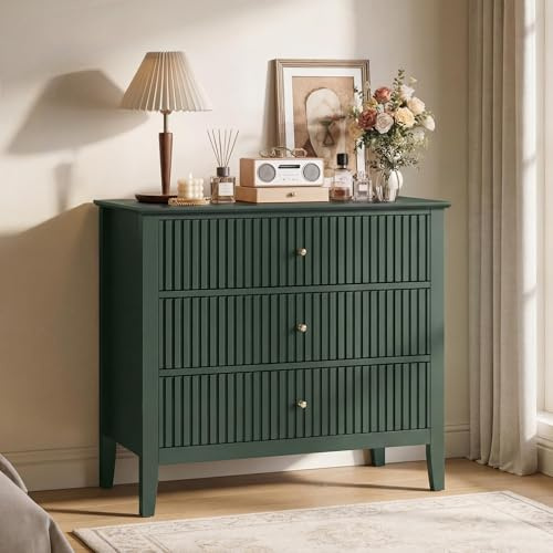 SUNVIVI Fluted Chest of Drawers, Modern 3 Drawer Dresser Storage Cabinet for Bedroom, Living Room and Hallway, Wooden Storage Unit, 80 x 40 x 75 cm, Green