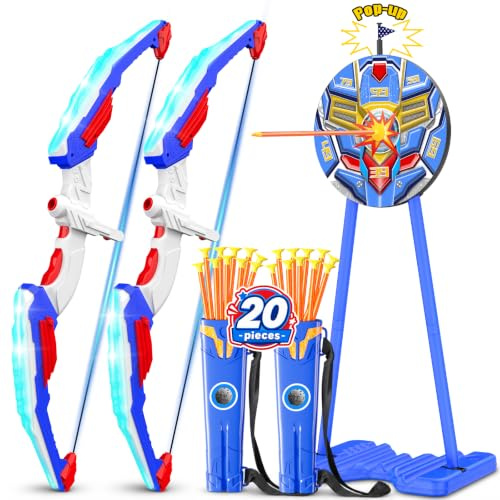 LED Licht Pfeil und Bogen Kinder mit Stehender Zielscheibe (117CM) | Bogenschießen Spielzeug Set 20 Saugnapfpfeile und 2 Köcher Jardin Outdoor Spiele für Jungen ab 3-12 Jahre Weihnachtsgeschenke
