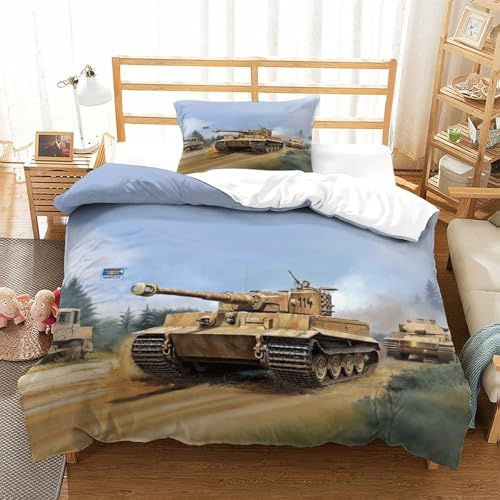 LILIlaobiao WW2 Panther Panzer Bettwäsche Single（135x200cm）, Duvet Cover Set Mit Tiger I Motiv, Komfortabel Bettbezug Mit Kissenbezügen: 80 X 80cm