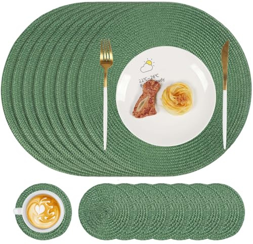 Famibay Placemats and Coasters Set of 8 Round Woven Place Mats Washable Heat Resistant Place Mats Grass Green Table Mats and Coasters for Kitchen Dining Table