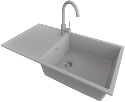PRIMAGRAN Granitspüle ab 60er Unterschrank + Küchenarmatur, 90x50cm | Set: Küchenarmatur BW5010 + Ablauf-Set (Siphon, Ablaufgarnitur, Überlauf) + Spülbecken 1 Becken - Ibiza , Alles Grau