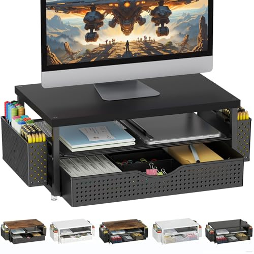 Pygocereri Monitor Stand with Drawer, Desk Organiser and Accessories, 2-Tier Computer Monitor Stand Riser with Drawer and 2 Pen Holder, Laptop Stand, Office Desk Accessories for Desk Tidy