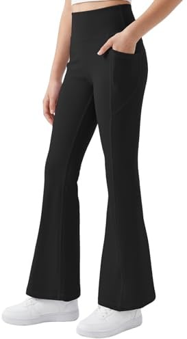 JinBei Flickor utsvängda leggings hög midja barn stretchiga atletiska skolbyxor med fickor yogapanter klockunderdel bootcut byxor lätta kläder för dans vardagliga sporter, 7-13 år