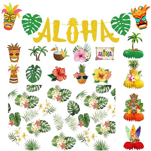 24 Stück Hawaii Party Dekoration Set,Tischdecke Tropischen Palmblättern | Sommer Bienenwaben,Hawaii Aloha Banner,Ananas Flamingo Regenschirm Hängende Wirbel Dekorationen