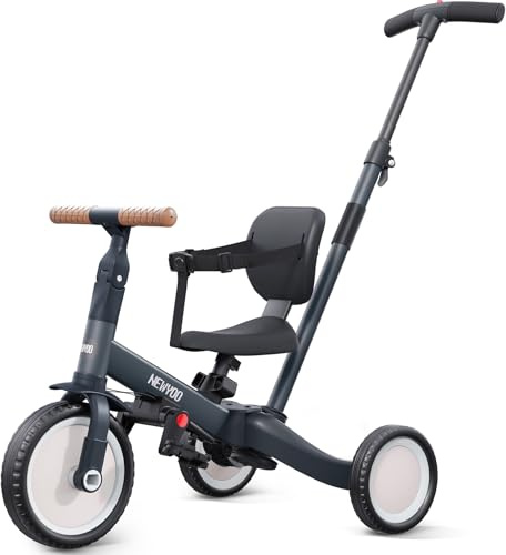 newyoo Trike for 1-3 Year Old, Baby Trike with Parent Handle, Toddler Bike, Birthday Gift & Ride-On Toy for Boy & Girl, Baby Balance Bike, 5 in 1 Kids Tricycle, TR007, Dark Grey (Grey)
