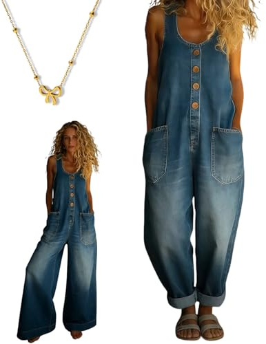 Salopette in Denim Di Cotone Lavato Vintage, 2026 Nuove Tute a Gamba Larga Da Donna, Design Con Bottoni E Spalline Regolabili, Traspiranti, Creano Una Forma Lusinghiera, Facili Da Indossare