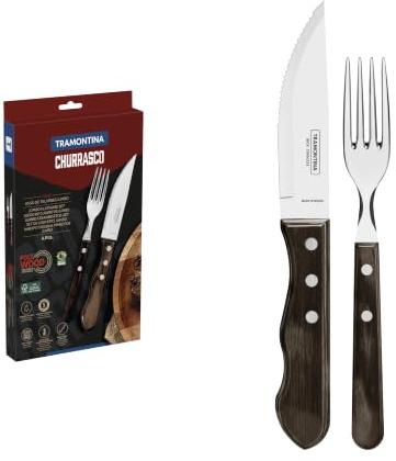 Tramontina 21198/908 Jumbo-Steakbesteck-Set, 4-teilig mit braunen Griffen 2- beziehungsweise, 3-Fach vernietet