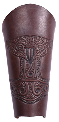 Battle-Merchant Armstulpe aus Leder mit geprägtem Thorshammer, braun-antik - Armschützer LARP Mittelalter Wikinger Größe Paar