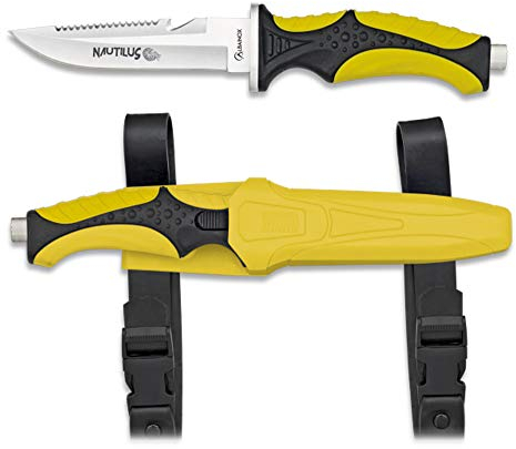 Tiendas LGP Albainox – 32350 – H. 11,5 cm. Cuchillo Submarinismo Amarillo Nautilus -Herramienta para, Pesca, Caza, Camping, Outdoor, Supervivencia y Bushcraft